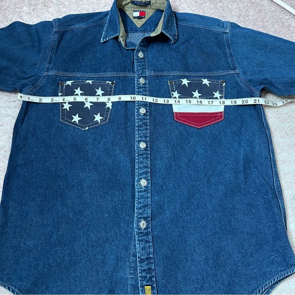 Vintage Tommy Hilfiger Blue Denim Shirt American Flag Star Pockets Size XL - Picture 5 of 11